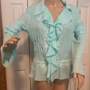 Ladies light turquoise pleated ruffle blouse, lace deco and bell cuffs. Size M-L